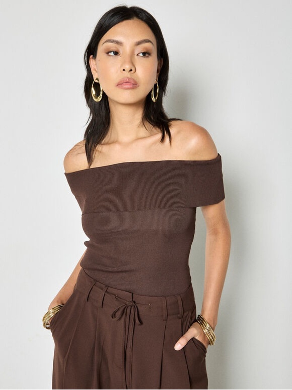 Apricot Chocolate Brown Ribbed Knit Off The Shoulder Bardot Top Large
